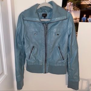 suzy shier baby blue leather jacket